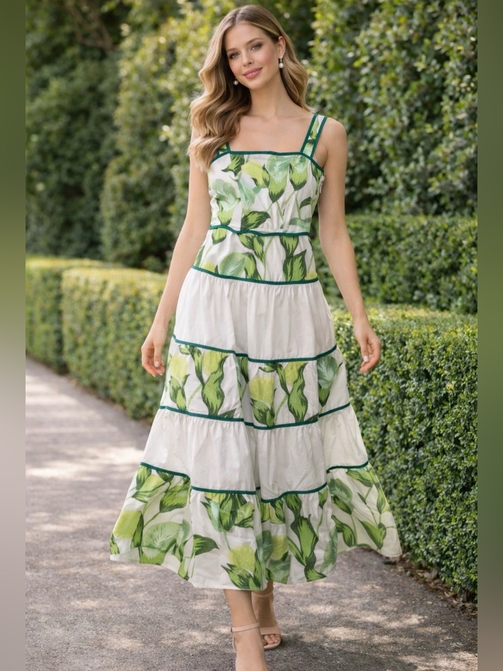 Women’s Midi White Sundress with Green Trim & Yellow Lemon Print XS NWT $178